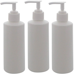 Weiße Flasche mit Seifenspender /große Gelspender m. Pumper Kosmetex, leer, rund, Kunststoff weiß, 200 ml 3× weiß