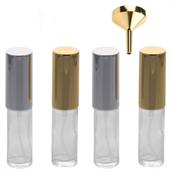 4 Mini Parfüm-Flakons, mit 1 Trichter, Taschenzerstäuber, Kosmetex Glas-Zerstäuber für Parfum, Colognes, je 5ml leer 4er Set+Trichter