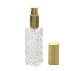 Kosmetex Flakon mit Kristallglasschliff-Art für 40ml Parfum, Gesichtswasser, Raumduft, Glas leer mit Zerstäuber Gold