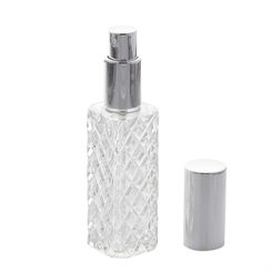 Kosmetex Flakon mit Kristallglasschliff-Art für 40ml Parfum, Gesichtswasser, Raumduft, Glas leer mit Zerstäuber Silber