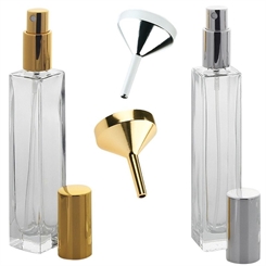 2 Glas-Flakon mit 2 Trichter, leer, 50 ml Kosmetex Parfüm-Zerstäuber, gold und silber 2er Set Zerstäuber + 2 Trichter