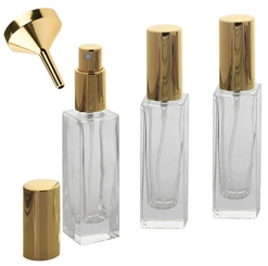 Glas-Flakon mit Parfüm-Zerstäuber in Gold, 30ml Kosmetex Gerade Linie, für Colognes, leer 3x Gold +Trichter
