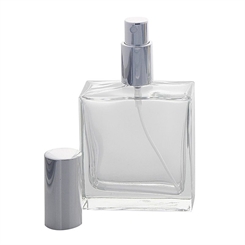 Kosmetex leerer, eckiger Glas-Flakon, 100 ml mit silber. Parfüm-Zerstäuber Silber
