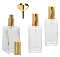 Kubischer Parfümflakon Glas mit Zerstäuber, 100ml, Kosmetex Flakon für Parfum Colognes, leer 3x Gold +Trichter