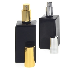 Zwei Glas-Flakon schwarz, leer, 100ml Kosmetex Parfüm-Zerstäuber, silber und gold. 2er Set