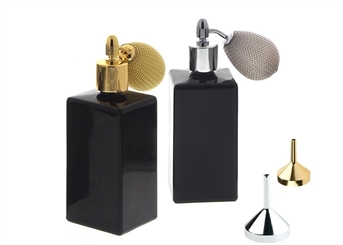 Zwei Glas-Flakon mit Ballpumpe u.Trichter, 100ml Kosmetex schwarze Parfüm-Zerstäuber, silber und gold, leer 2er Set Ballpumpe + 2 Trichter