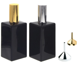 Zwei schwarze Glas-Flakon mit Trichter, 100ml Kosmetex Parfüm-Zerstäuber silber und gold. leer 2er Set+2 Trichter