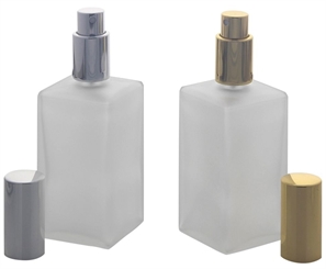 Kosmetex Kubischer Glas-Flakon, matt, 100 ml mit silber. oder gold. Parfüm-Zerstäuber. 