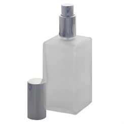 Kosmetex Kubischer Glas-Flakon, matt, 100 ml mit silberfarbenem Zerstäuber Silber