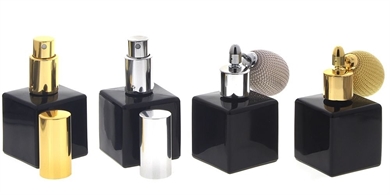 Schwarzer Glas-Flakon mit Zerstäuber oder Ballpumpe, 50ml Kosmetex Parfüm-Zerstäuber, schwarz, leer 