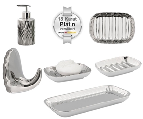 Bad-Serie "Platino" Porzellan mit 18 Karat Platin versilbert, Kosmetex Silber-Platin Garnitur Bad Accessoires Ausstattung 