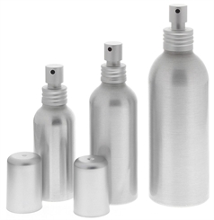 Aluminium-Flaschen m. Pump-Zerstäuber, Alu Sprühflasche, leer Kosmetex, bruchsicher, rund 
