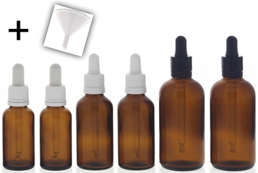 Braunglasflasche mit Pipette je 2x 100ml, 50ml, 30ml, 1x Trichter Kosmex Glasflasche, Pipettenflasche mit Pipettenmontur. 