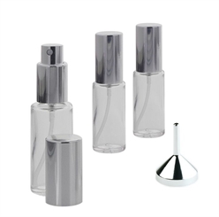 Runder Klarglas Kosmetex 20ml Flakon mit silber. Zerstäuber plus Trichter 3x Silber +Trichter