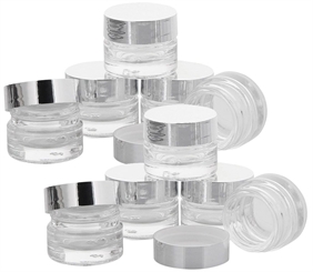 Klarglastiegel m. Kunststoff-Deckel, 3 ml Leerer Tiegel, Kosmetex Glasdose 10× silber
