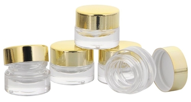 Klarglastiegel m. Kunststoff-Deckel, 5 ml Leerer Tiegel, Kosmetex Glasdose 5× gold