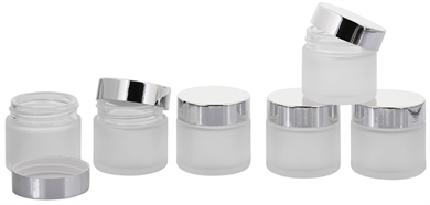 Matt Glas-Tiegel 30 ml m. Deckel, Leere Kosmetex Glas Creme-Dose, Kosmetik-Dose 6× 30 ml Mattglas Silber Deckel