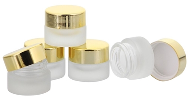 Matt Glastiegel 15ml m. gold Kunststoff-Deckel, Leerer Tiegel, Kosmetex Glasdose 5× gold