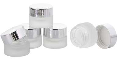 Matt Glastiegel 15ml m. silber Kunststoff-Deckel, Leerer Tiegel, Kosmetex Glasdose 5× silber