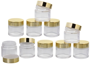 Klarglastiegel m. Kunststoff-Deckel, 30 ml Leerer Tiegel, Kosmetex Glasdose 10× gold
