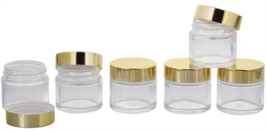 Klarglastiegel m. Kunststoff-Deckel, 30 ml Leerer Tiegel, Kosmetex Glasdose 6× gold