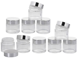 Klarglastiegel m. Kunststoff-Deckel, 30 ml Leerer Tiegel, Kosmetex Glasdose 10× silber