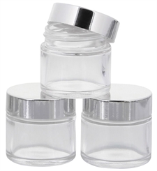 Klarglastiegel m. Kunststoff-Deckel, 30 ml Leerer Tiegel, Kosmetex Glasdose 3× silber