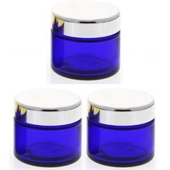 Blau Glas-Tiegel 50ml mit Deckel Silber, Leere Kosmetex Glas Creme-Dose, Kosmetik-Dose aus Blauglas 
