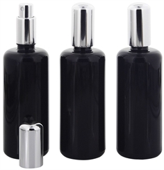 Violettglas Sprühflasche Miron m. silber Pumpe, Zerstäuber Kosmetex Flakon, Glas-Flasche, stark lichtschützend, leer, 100 ml 3× 100 ml Violettglas