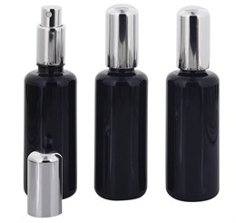 Violettglas Sprühflasche, m. silber Pumpe, Zerstäuber Kosmetex Mironglas Flakon, Glas-Flasche, stark lichtschützend, leer, 50 ml 3× 50 ml Violettglas