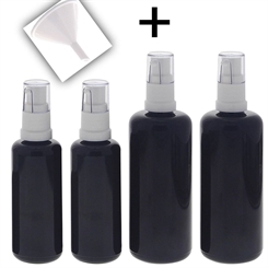 Gel-Spender aus Violett-Glas 2x 50ml 2x 100ml 1x Trichter, Kosmetex Flasche mit Gelpumper 