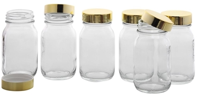 Klarglasflasche m. Kunststoff Deckel, Weithals-Flasche, 100 ml Kosmetex Glasdose aus Klarglas, leer 6× gold