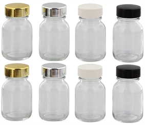 Klarglasflasche m. Kunststoff Deckel, Weithals-Flasche, 50 ml Kosmetex Glasdose aus Klarglas, leer 