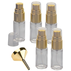 5 klare Glas Flakons, Klarglas mit gold. Zerstäuber, Kosmetex Sprühflasche mit Pumpzerstäuber, Trichter 5 Stück + Trichter