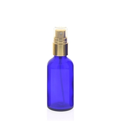 Blauglas Zerstäuberflasche, Sprühflasche, Gold Pumpzerstäuber. Kosmetex Parfümflakon 