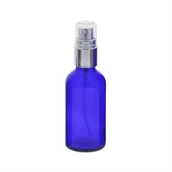 Blauglas Zerstäuberflasche, Sprühflasche mit silbernen Pumpzerstäuber. Kosmetex Parfümflakon 