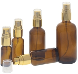 Braunglas Sprühflasche Zerstäuberflasche mit gold. Pumpzerstäuber. Kosmetex Parfümflakon 