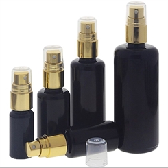 Violettglas Sprühflasche, stark lichtschützend, Miron Glas-Flasche mit gold. Pumpzerstäuber, Flakon Kosmetex 