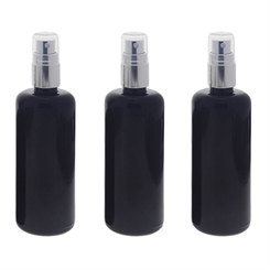 Miron Violett-Glas Sprühflasche 100ml, stark lichtschützend, Mironglas Flasche mit silber. Pump-Zerstäuber Kosmetex, Flakon 3× 100 ml