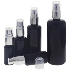 Violettglas Miron Sprühflasche, stark lichtschützend, Glas-Flasche mit silber. Pumpzerstäuber Kosmetex, Flakon 