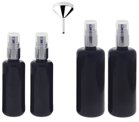 Violett-Glas Zerstäuber Flasche 2x 50, 2x 100ml + Trichter Mironglas-Flasche mit silber Sprüh-Pumper Kosmetex, Flakon 4er-Set +Trichter