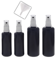 Violettglas Mix Set m. Trichter Sprühflasche, lichtschützend, Miron Glas-Flasche mit weißem Pumpzerstäuber, Flakon Kosmetex 