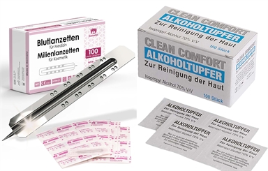 100x Lanzetten 100x Alkoholtupfer, Stechhilfe Einweglanzette, sterile Kosmetex Blutlanzette für Milien 