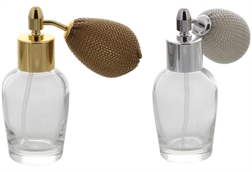 Bauchiger mini Glas-Flacon, Tisch-Zerstäuber für Parfüm, Kosmetex Pump-Zerstäuber silber, 10 ml 