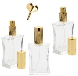 Kosmetex leerer, eckiger tailliert Glas-Flakon, 50 ml Mix-Set mit Parfüm-Trichter, Parfüm-Zerstäuber 
