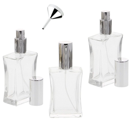 Kosmetex leerer, eckiger tailliert Glas-Flakon, 50 ml Mix-Set mit Parfüm-Trichter, Parfüm-Zerstäuber 