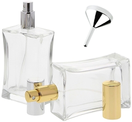 Kosmetex leerer, eckiger Glas-Flakon tailliert, 100 ml Mix-Set mit Trichter, Parfüm-Zerstäuber 