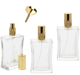Kosmetex leerer, eckiger Glas-Flakon tailliert, 100 ml mit Trichter, gold farbener Parfüm-Zerstäuber 