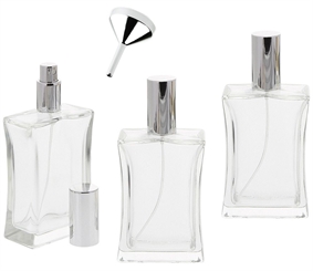 Kosmetex leerer, eckiger Glas-Flakon tailliert, 100 ml mit Trichter, silber farbener Parfüm-Zerstäuber 