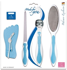 Pediküre-Set, 5 tlg., mit Bimsschwamm, Saphirfeile, Hornhaut-Fußraspel und Reibe, Hornhauthobel, Ersatzklingen. 